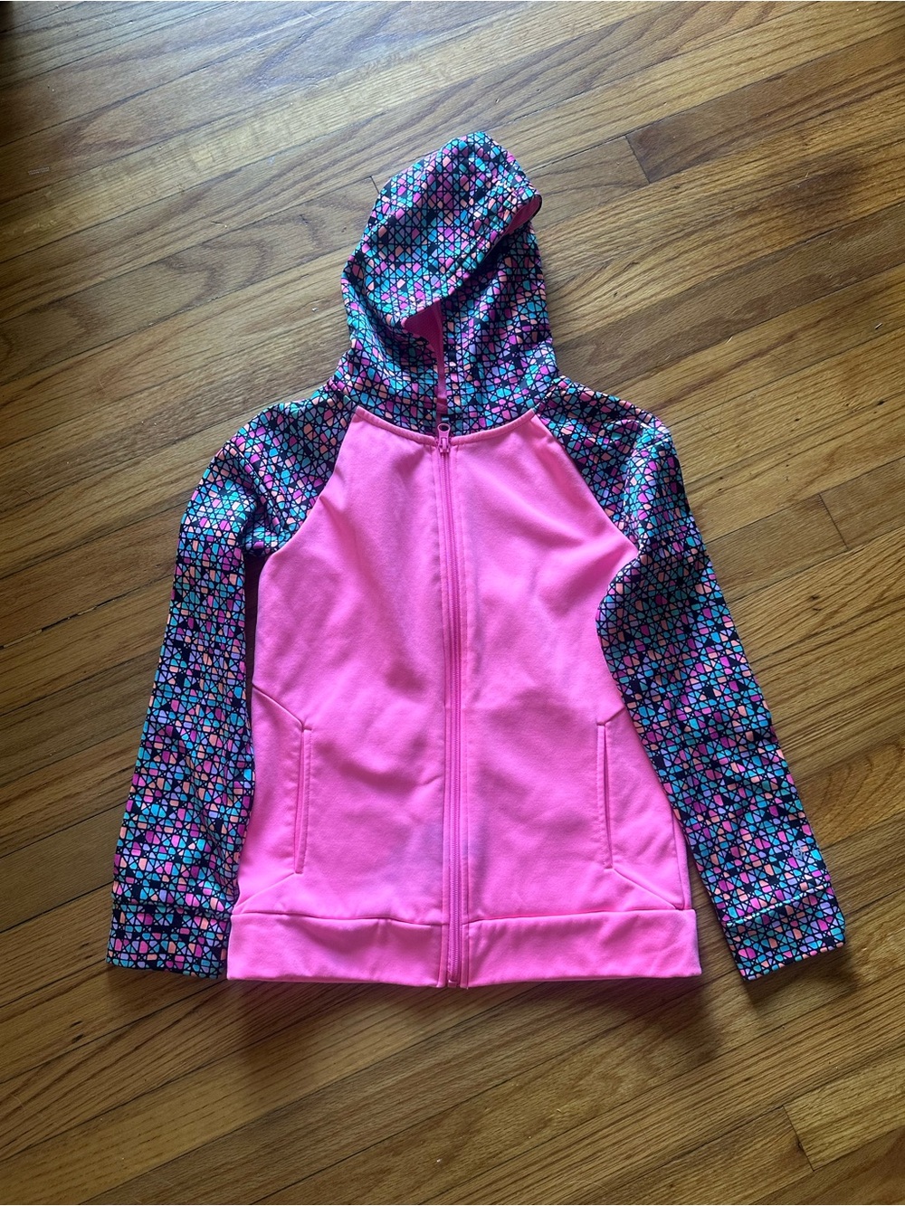 Champion Pink Full Zip Jacket Geometric Print Hood Activewear Girls L 10 12